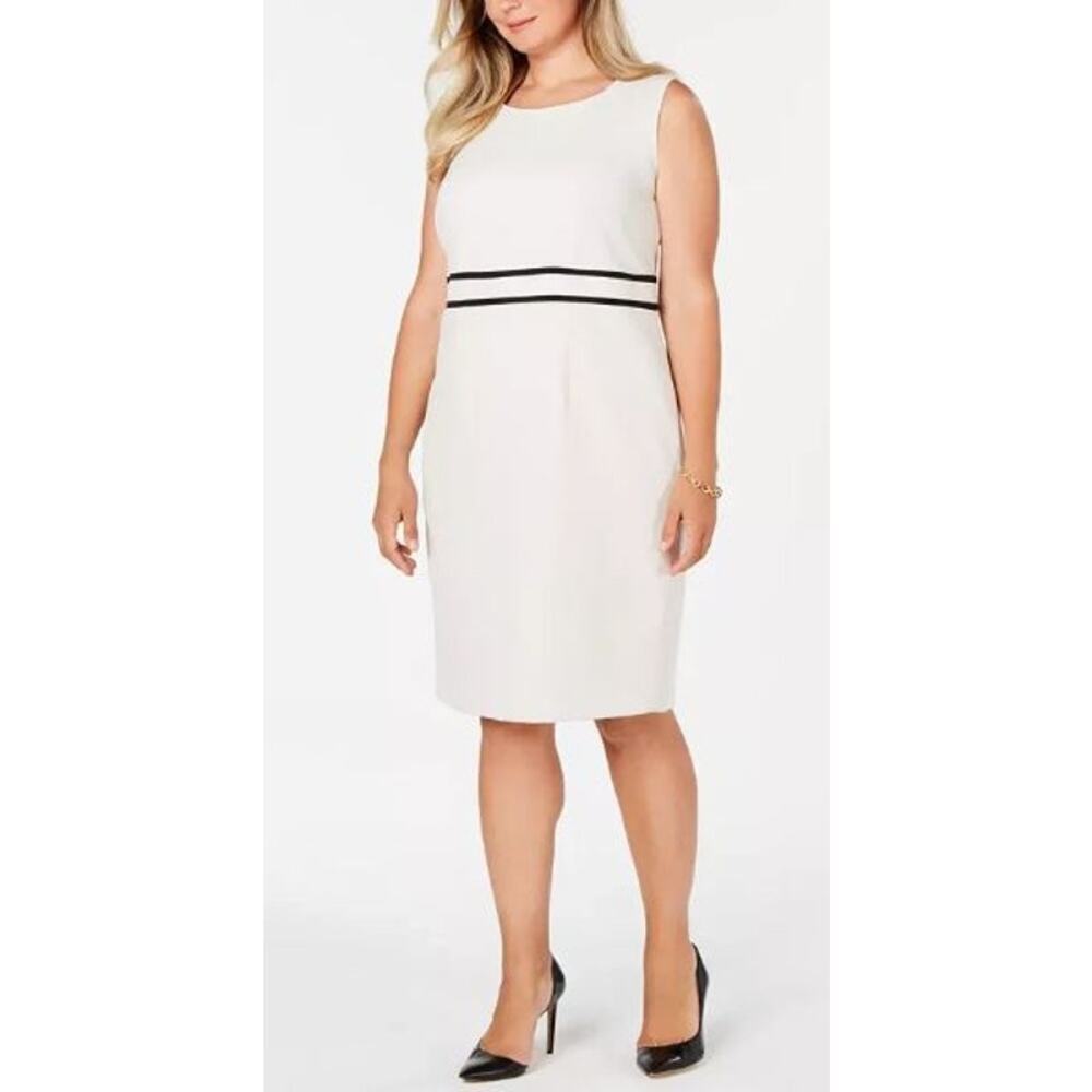 Kasper Plus 22W Pencil Sheath Dress White Parchment Black Hourglass Sleeveless